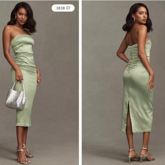 BHLDN Anthropologie Strapless Green Satin Dress Ruched Knee Length Size Med NWT - Picture 1 of 13